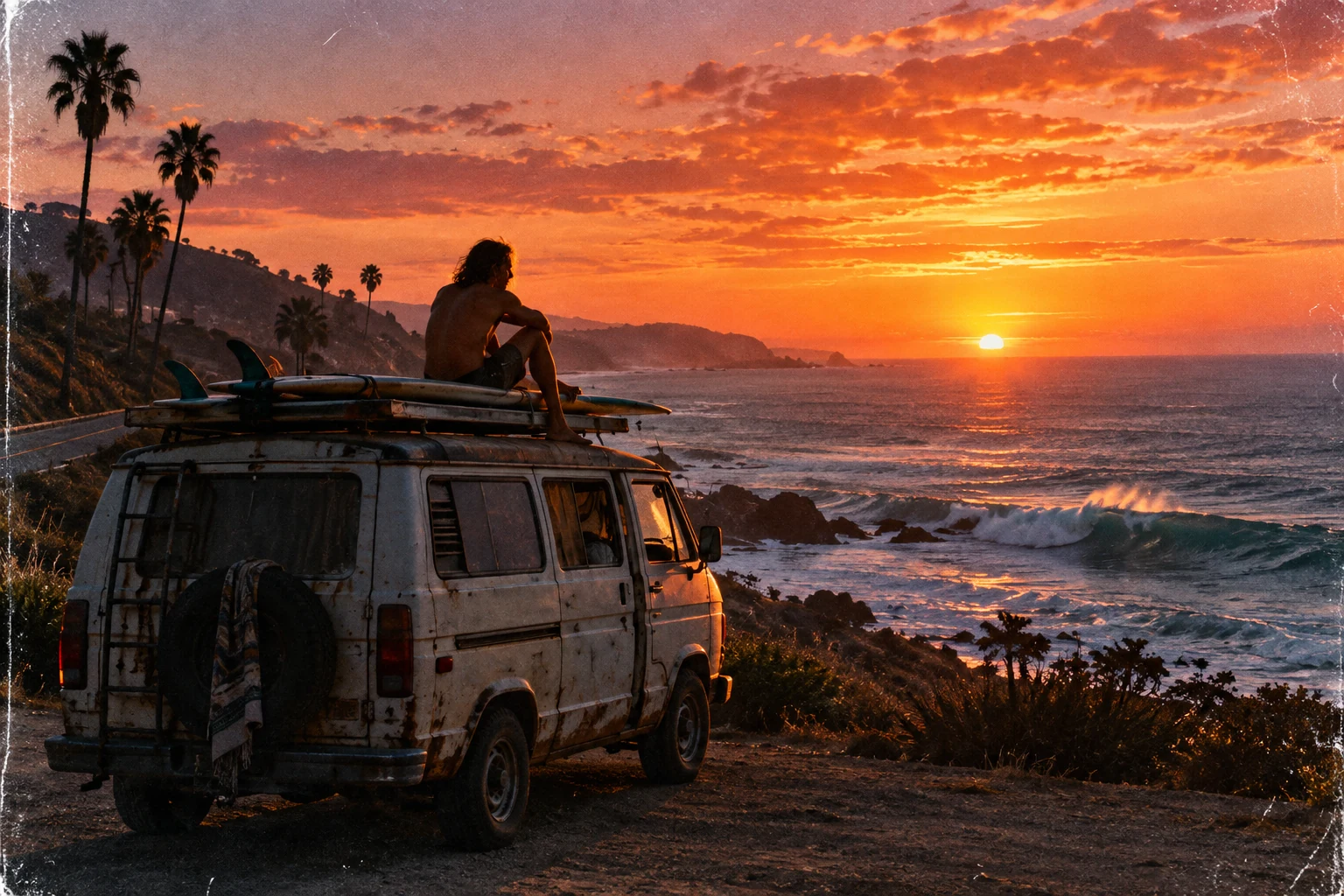 Surf, a van and the ocean at sunset