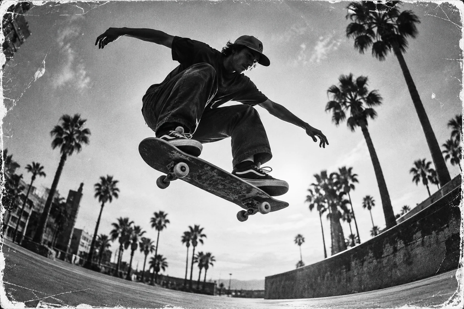 A skateboarder mid-ollie, shot with a fisheye lens