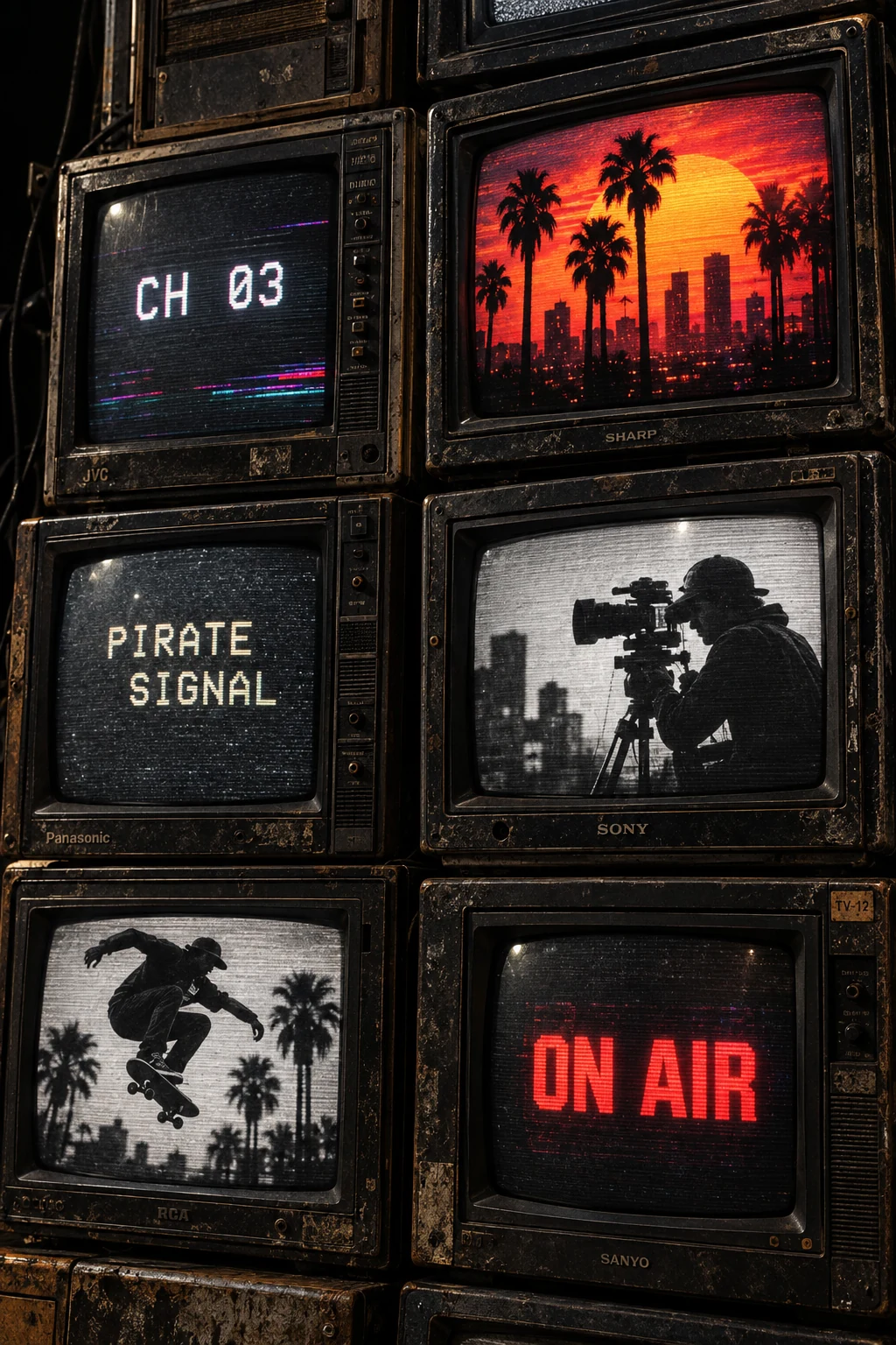 A wall of worn CRT televisions broadcasting Sunward frequencies