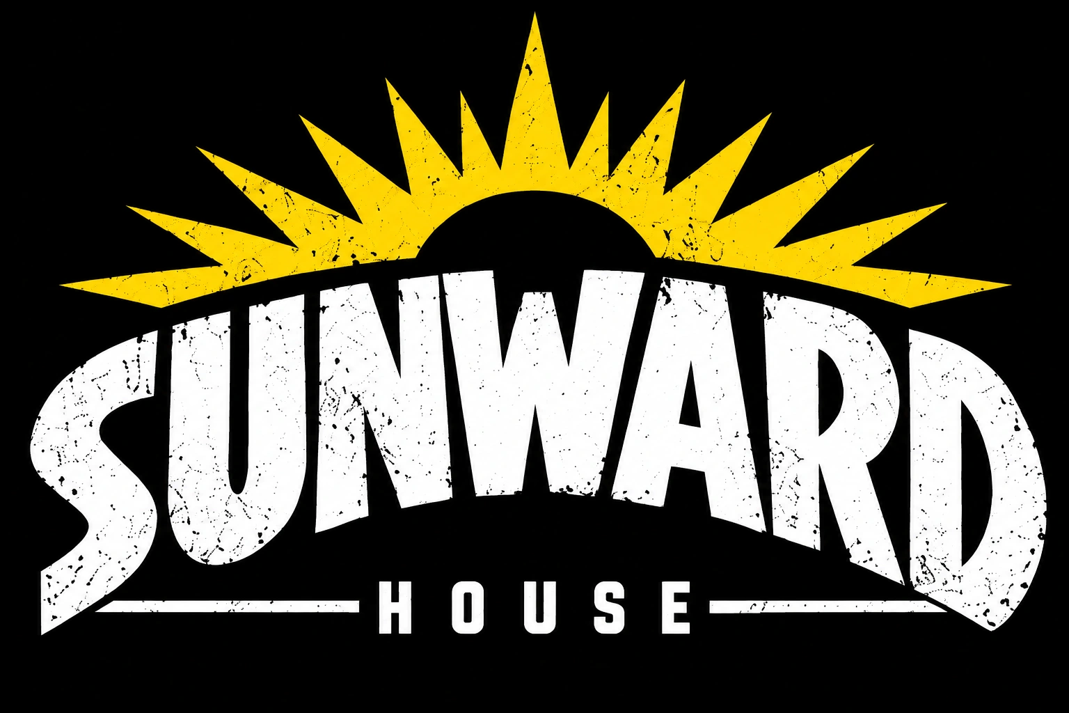 Sunward House, yellow sun and distressed white logo
